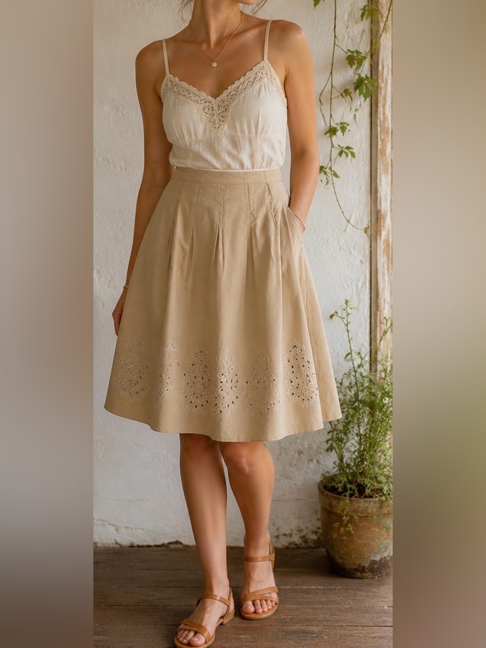 Women's Beige Cotton Eyelet A-Line Skirt Sz 16 Boho